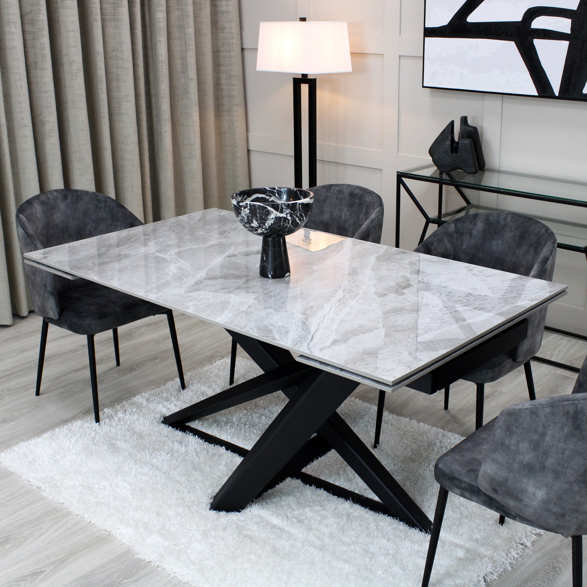 Grey Ceramic Marble Effect Extending Dining Table With Black Base